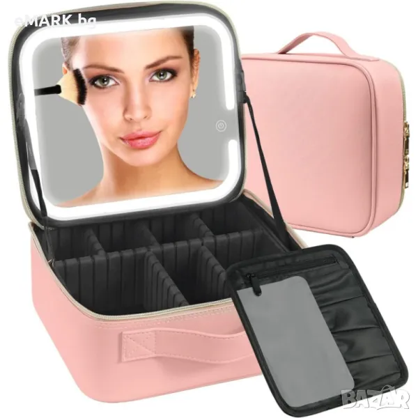 Куфар за грим в розов цвят с LED осветление в три цвята и огледало, снимка 1
