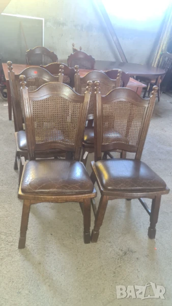 дървен стол с ратан и кожа внос от Европа, снимка 1