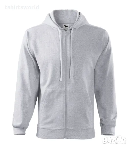 Нов мъжки суичър с ЦИП и качулка в цвят светлосив меланж, снимка 1