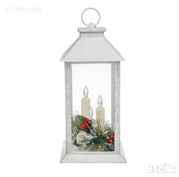 Коледен фенер, декоративен ЛЕД, 28см, бял, снимка 1