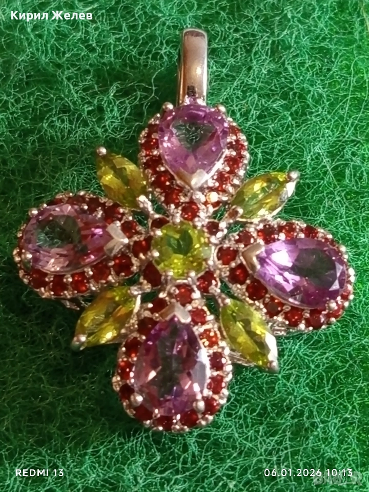 Сребърна висулка с флорален мотив инкростация на АЛЕКСАНДРИТ,ДИАМАНТ,ГРАНАТ ефектна стилна 52501, снимка 1