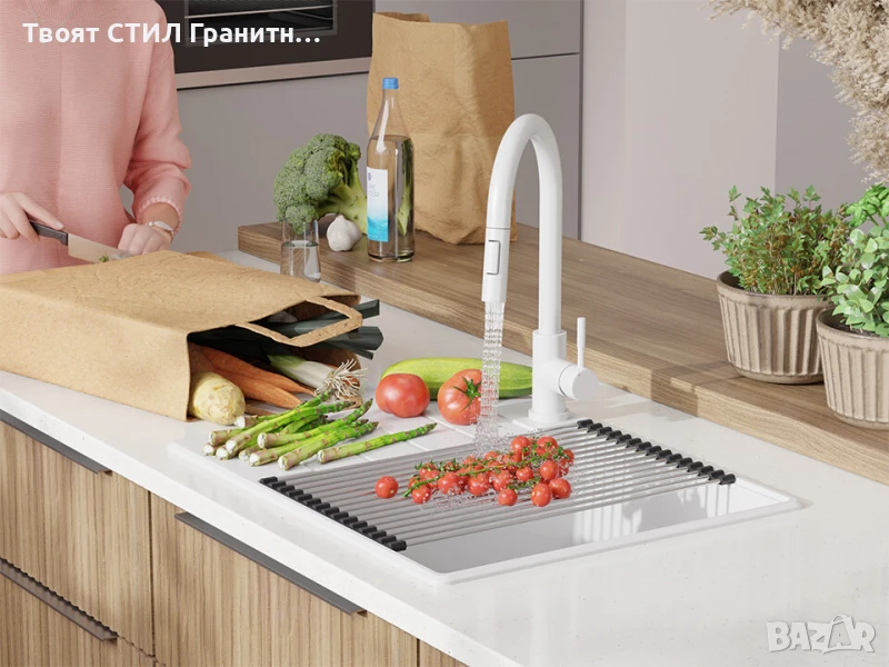 Бяла кухненска гранитна мивка Копенхаген 50 Top 620х500, снимка 1