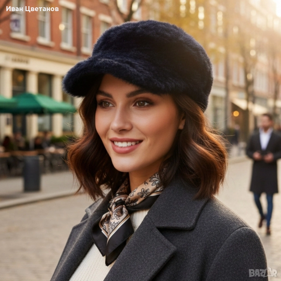 Топла дамска шапка с козирка – зимен пухкав модел, снимка 1