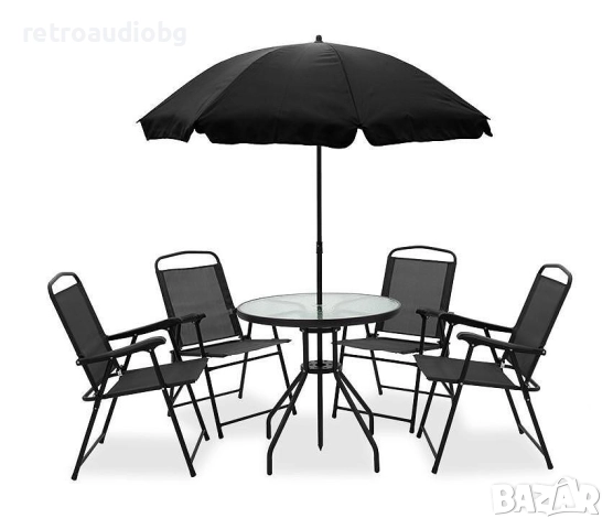  Градински комплект КАМЕЛИЯ маса Ф75, 4 сгъваеми стола и чадър