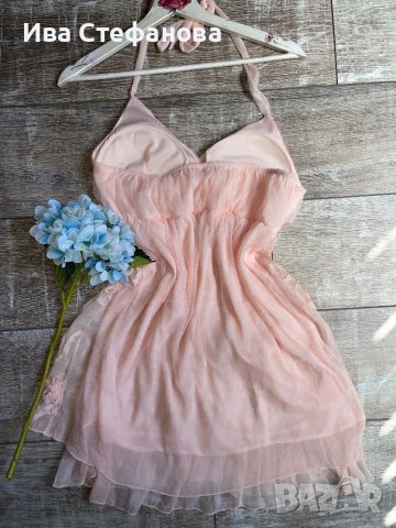 Нежна елегантна ефирна женствена  рокля 3D цветя  в прасковен цвят размер L , снимка 10 - Рокли - 41789785