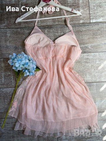 Нежна елегантна ефирна женствена рокля 3Д цветя рокля в прасковен цвят, снимка 6 - Рокли - 41794700