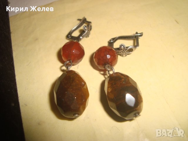 СКЪПОЦЕННИ СРЕБЪРНИ АРТ ОБЕЦИ ОКСИДИРАНО СРЕБРО 925 с ФАСЕТИРАН КАРНЕОЛ и ТИГРОВО ОКО УНИКАЛНИ 25776, снимка 14 - Обеци - 35760011