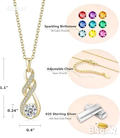 LOCIBLO Сребърно дамско колие с висулка безкрайност, 18K позлатено с рожден камък, 40+5 см, снимка 5 - Колиета, медальони, синджири - 47275055