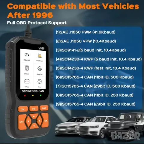 Професионален автомобилен диагностичен кодочетец V520 Full OBD2 EOBD , снимка 4 - Аксесоари и консумативи - 47313013
