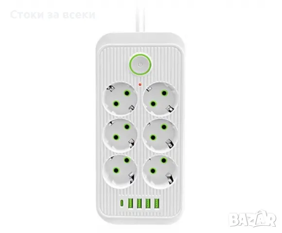 Разклонител 220V с 6 гнезда, 4 USB порта + 2xType C, Digital One SP00985, Бял, 1.5 м, 2500W, с ключ, снимка 1