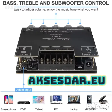 Мощен висококачествен мини Стерео цифров Bluetooth 5.1 усилвател Клас D 2 X  50W + 100W 2.1 събуфер, снимка 5 - Ресийвъри, усилватели, смесителни пултове - 56223540
