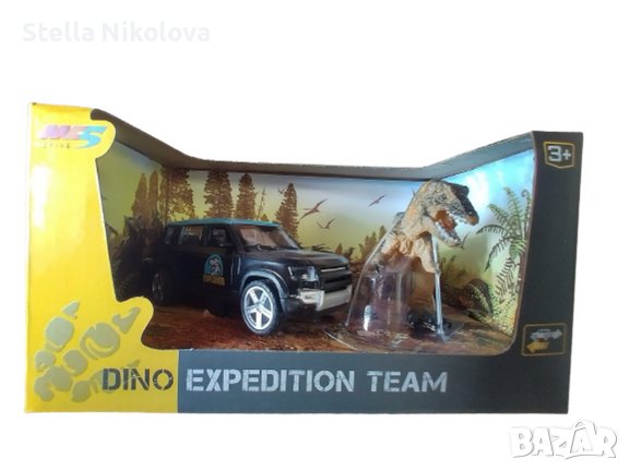 Играчка Комплект метален черен джип с динозавър