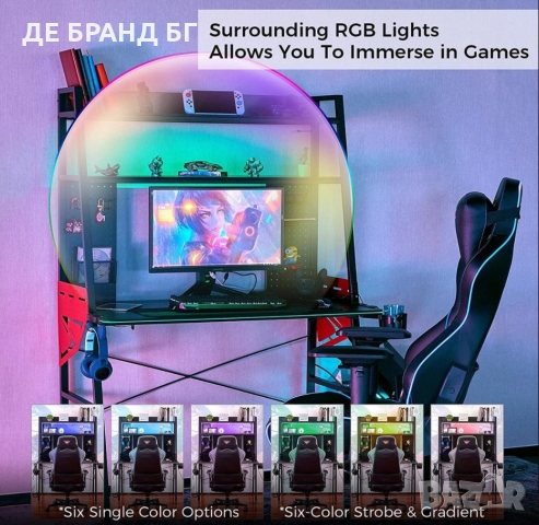 ПРОМОЦИЯ Геймърско бюро с две етажерки, аксесоари и RGB осветление ERK-MGD-02, снимка 6 - Бюра - 36072506
