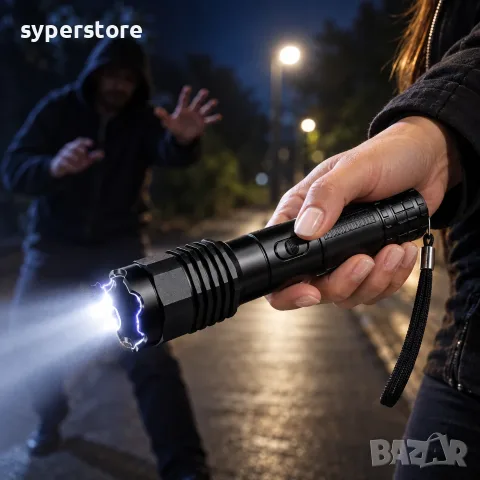 Фенер с електрошок за самозащита, Digital One SP01501 BL-1103, LED със зуум и SOS режим, снимка 3 - Оригинални зарядни - 56111935