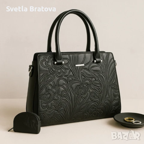 Елегантна дамска чанта с флорален релеф, снимка 4 - Чанти - 50660003
