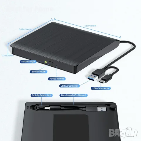 Външно Blu-ray устройство, преносим Blu-ray плейър и записвачка за CD/DVD – USB 3.0 и Type-C четец , снимка 6 - Друга електроника - 56211258