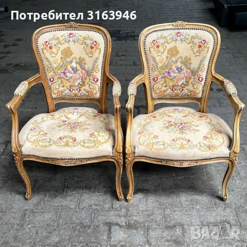 Винтидж френски кресла с гоблен комплект, снимка 7 - Дивани и мека мебел - 53856731