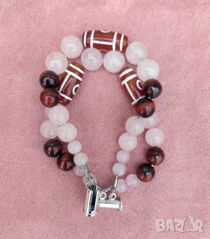 Двойна гривна на любовта с мъниста Дзи, розов кварц и червено тигрово око, снимка 3 - Гривни - 39955263