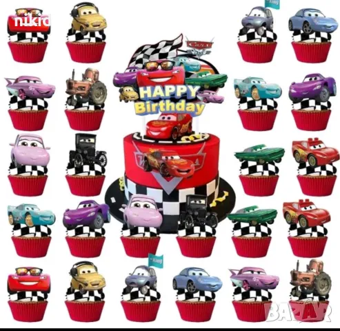 24 бр Макуин Маккуин колите коли McQueen cars къси остри картонени топери топер торта мъфини кексчет