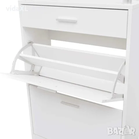 vidaXL Шкаф за обувки с чекмедже и горен стъклен плот, дърво, бял, снимка 7 - Шкафове - 56146355