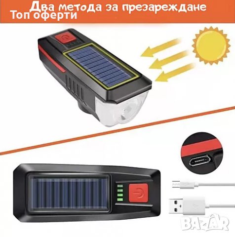 Соларен фар за колело с мощна светлина и клаксон, снимка 4 - Аксесоари за велосипеди - 40215968