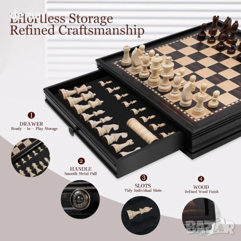 Дървен шахматен комплект магнитен – 2 в 1 шахматна дъска 32 см, 34 фигури Staunton, снимка 2 - Шах и табла - 53827022