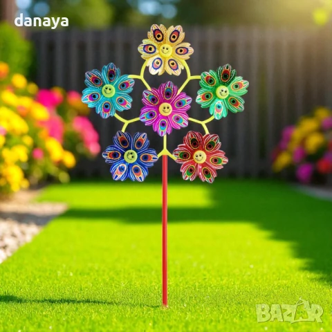 5998 Вятърна въртележка за градина с 6 усмихнати цветя, 55 см, снимка 2 - Градински мебели, декорация  - 50949082