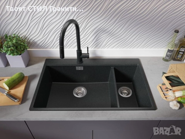 Графит кухненска гранитна мивка Осло 80 Duo Top 780x500 мм, снимка 4 - Мивки - 52548492