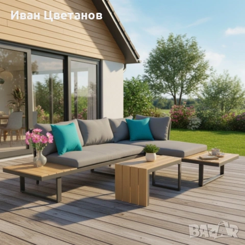 Градински комплект KANZA - модулен ъглов диван от алуминий с удобни възглавници и маса