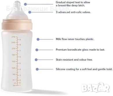 Ново Стъклено бебешко шише Nuby anti-colic 9oz 270 мл силиконово за бебе, снимка 11 - Прибори, съдове, шишета и биберони - 53835910
