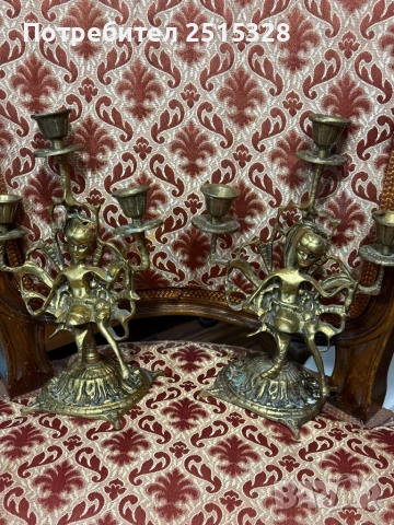 два стари бронзови свещника тройки, снимка 2 - Антикварни и старинни предмети - 53233646