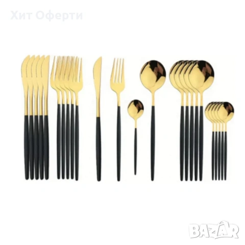 Комплект прибори за хранене от 24 части с луксозен дизайн и магнитна кутия в златисто и черно, снимка 4 - Прибори за хранене, готвене и сервиране - 53202200