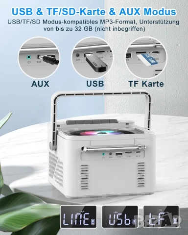 Greadio Преносим CD Плейър и Касетофон с Bluetooth 5.1 и 5000mAh Батерия , снимка 8 - Радиокасетофони, транзистори - 53384833