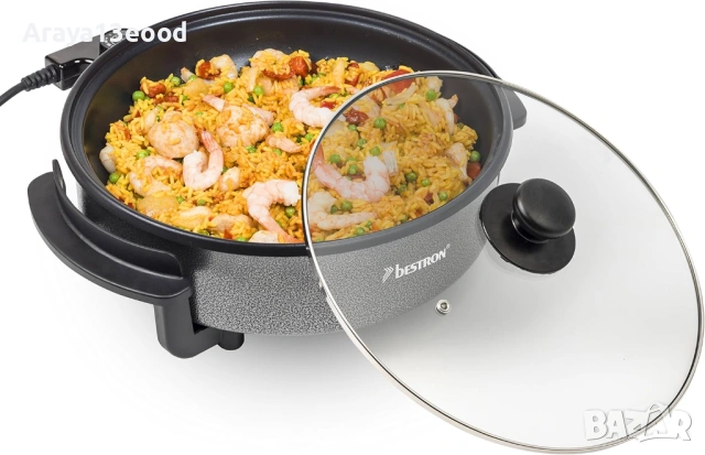 Bestron AHP1200 Електрически тиган с незалепващо покритие и стъклен капак 1500 W / 28,5 см, черен, снимка 8 - Други - 53793563