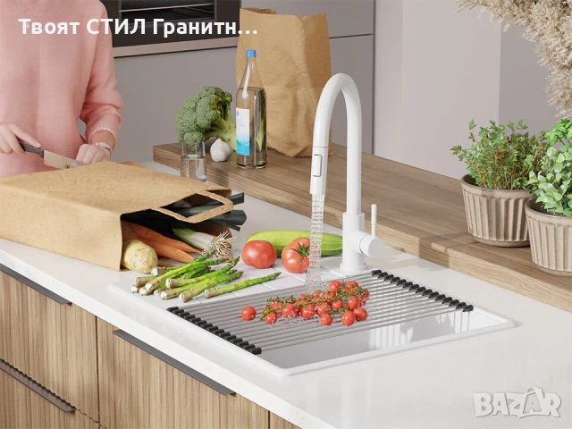 Бяла кухненска гранитна мивка Копенхаген 50 Top 620х500