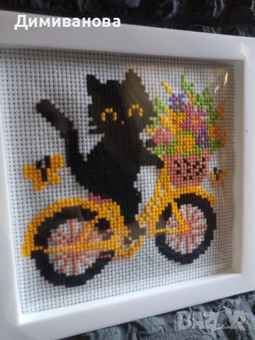 Готов гоблен Коте с колело, снимка 5 - Гоблени - 50591319