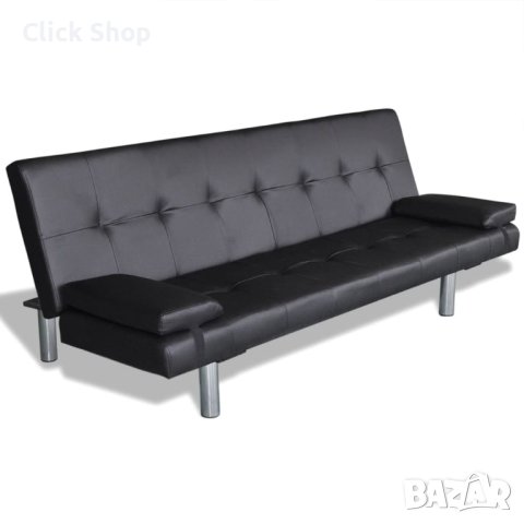 Разтегателен диван с две възглавници, изкуствена кожа, черен, снимка 5 - Дивани и мека мебел - 41534068