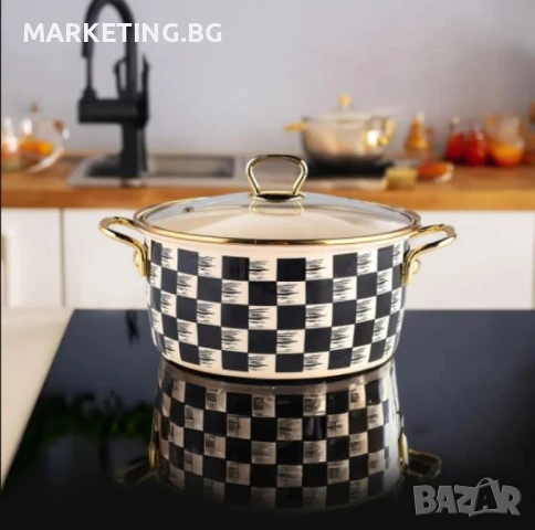 Тенджера Goldmann 24x15см. 6.2л./  26x16см. 8.5л. Емайл. Индукция. Бял/Черен каре, снимка 4 - Съдове за готвене - 50442178