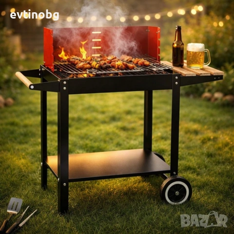 Градинско барбекю на колела, емайлирана стомана, 4 степени + Подарък 3 прибора, снимка 2 - Барбекюта - 53769215
