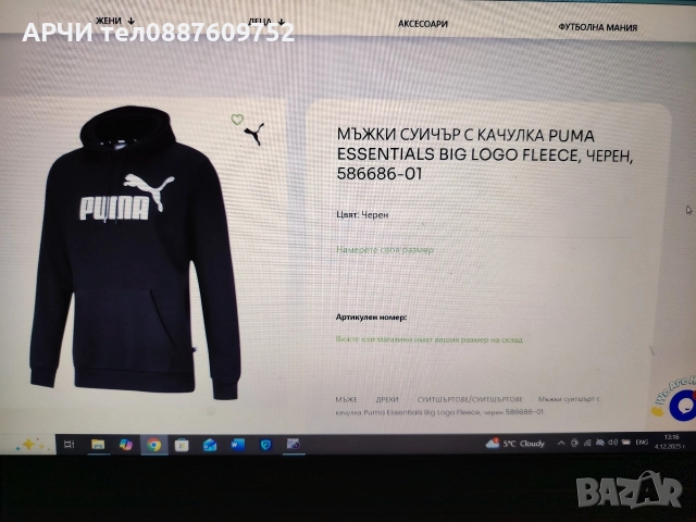 Мъжки суичър с качулка Puma Essentials Big Logo Fleece, черен, 586686-01