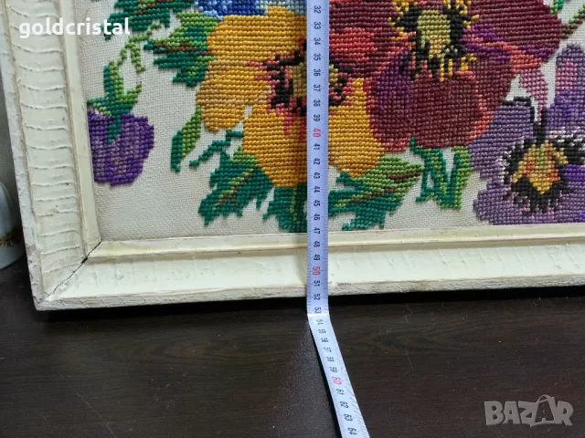 Стар ръчно ушит гоблен в рамка 67/52см , снимка 4 - Антикварни и старинни предмети - 48957427