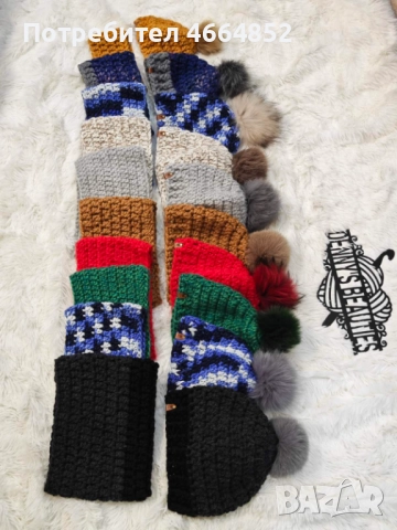 Ръчно плетен комплект – шапка с естествен помпон от лисица + шал-яка на една кука, снимка 13 - Шапки - 52592124