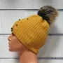 Нова зимна дамска шапка с камъчета в цвят горчица с пух/помпон, снимка 3