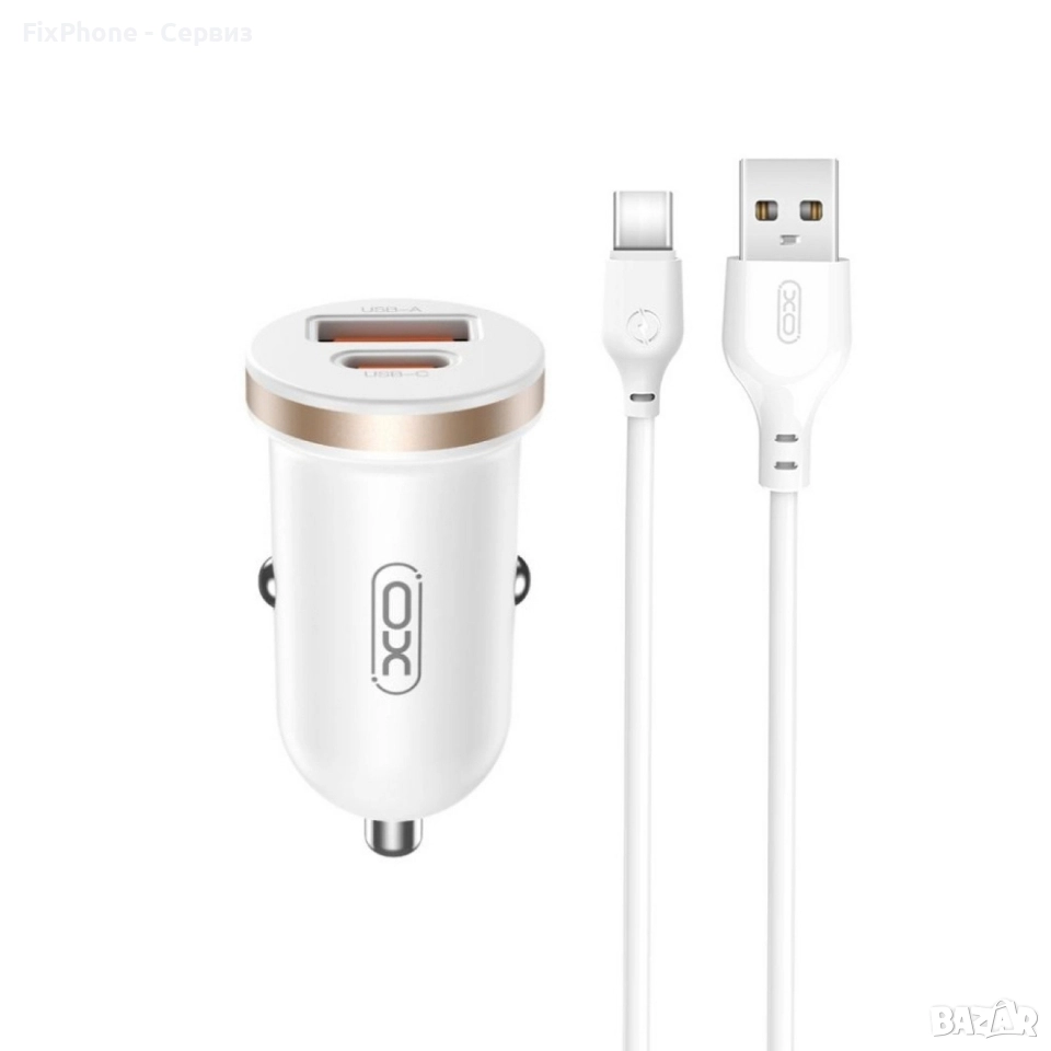 Зарядно устройство за кола комплект XO CC56 PD 30W QC 1x USB 1x USB-C с кабел USB - USB-C, Бял , снимка 1