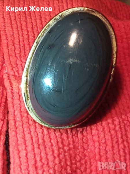 СТАР МЕДЕН ПРЪСТЕН с ПОЛИРАН ЮВЕЛИРНО ГОЛЯМ ЧЕРЕН АХАТ 91241, снимка 1