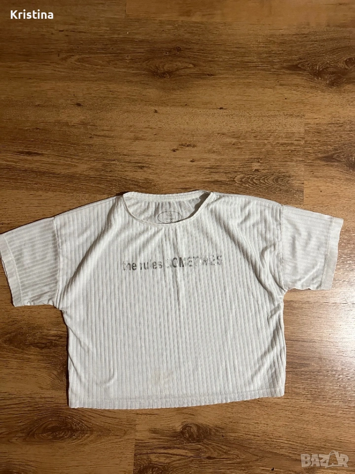Бяла къса тениска с надпис, снимка 1
