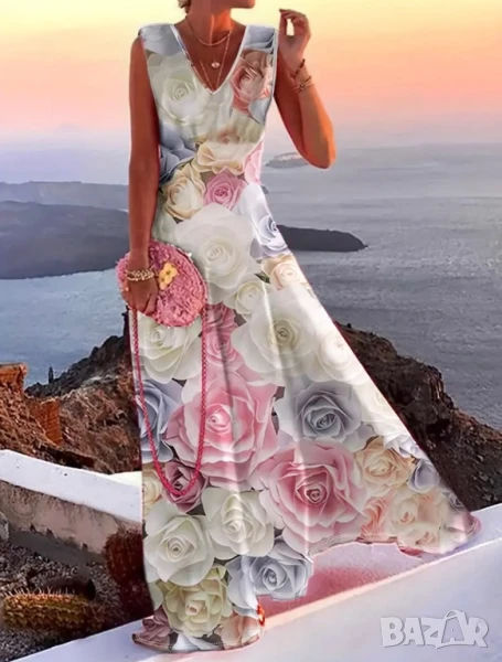 Лятна дълга рокля с рози, снимка 1