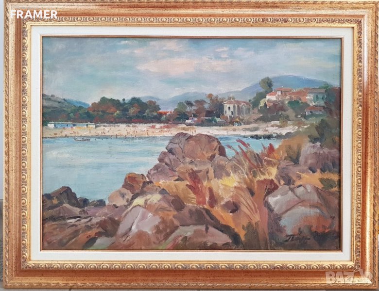 проф. Панайот Панайотов 1909-1986 Созопол централният плаж маслено 1950те години, снимка 1