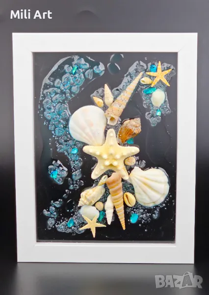 3D картина в рамка върху стъкло "Раковини" ръчна изработка епоксидна смола, снимка 1