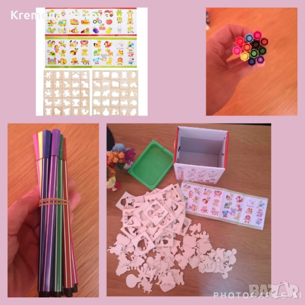 Детски комплект за рисуване с много формички от дърво с книжка и фулмастри, снимка 1